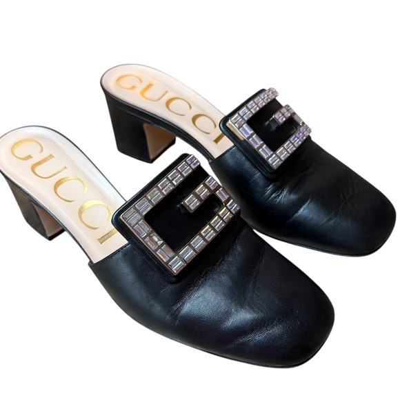 Gucci Madelyn Square Toe Mule Black Leather Crystal GG Logo EU 38.5 US 8.5 - Picture 1 of 14